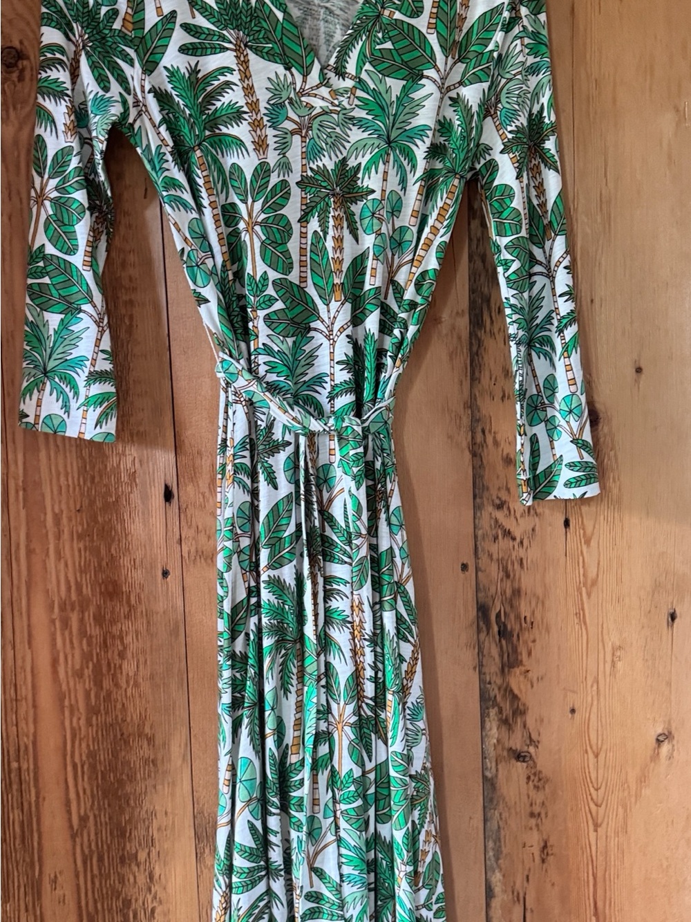 Boden Green and White Palm-Print Long Sleeve Maxi Dress